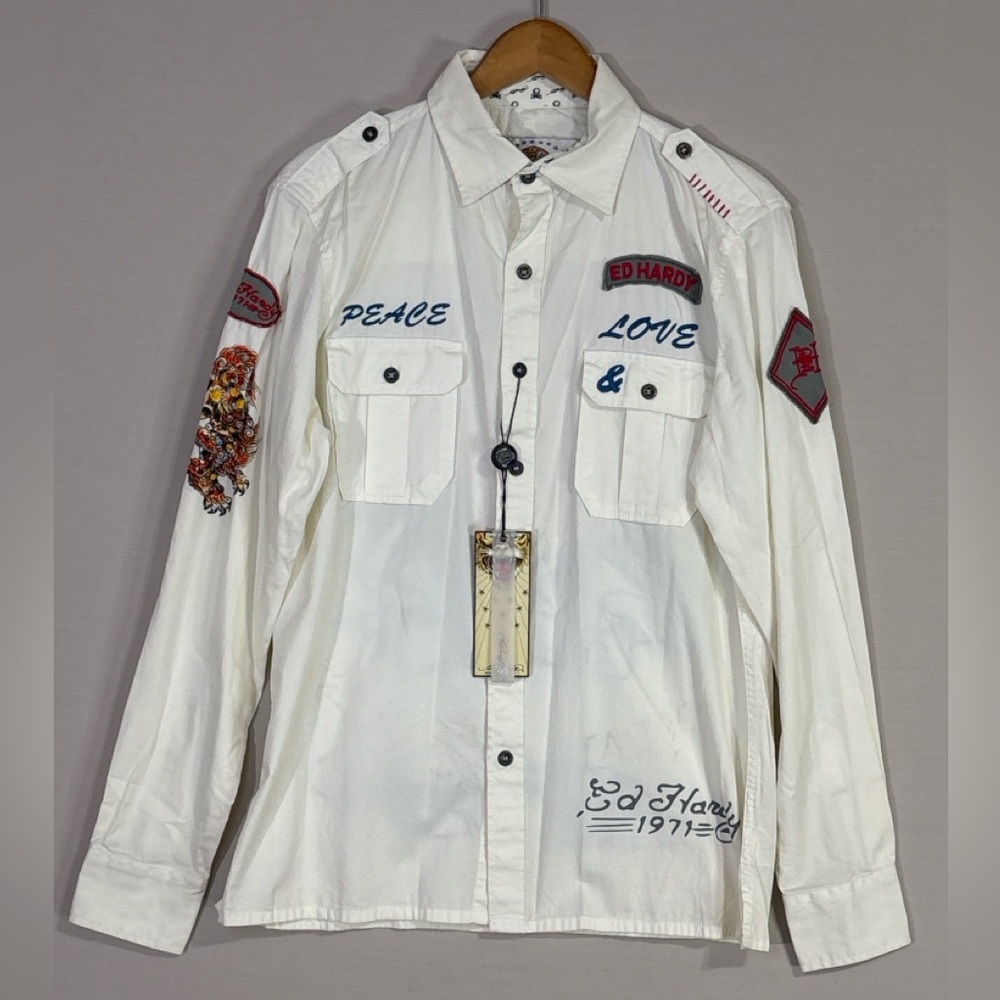 Ed Hardy Tiger Embroidered Y2K Button Down Shirt Small NWT
